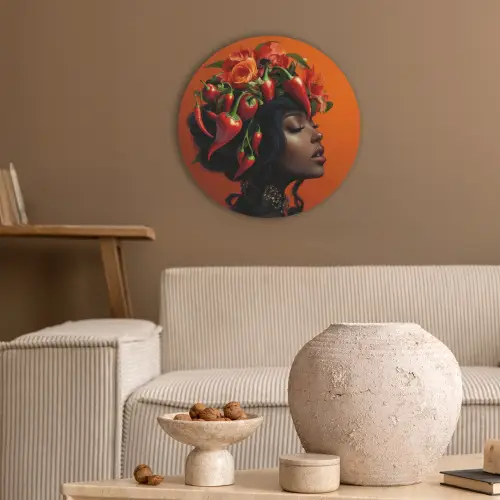 Vrouw - Chilipepers - Pepers - Bloemen Akoestische PET Vilt - Rond klein -sfeer1