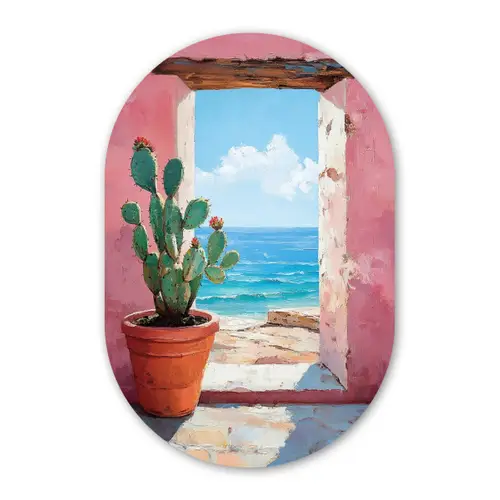 Zee - Roze - Cactus Wandcirkel Ovaal Glas middel -3d