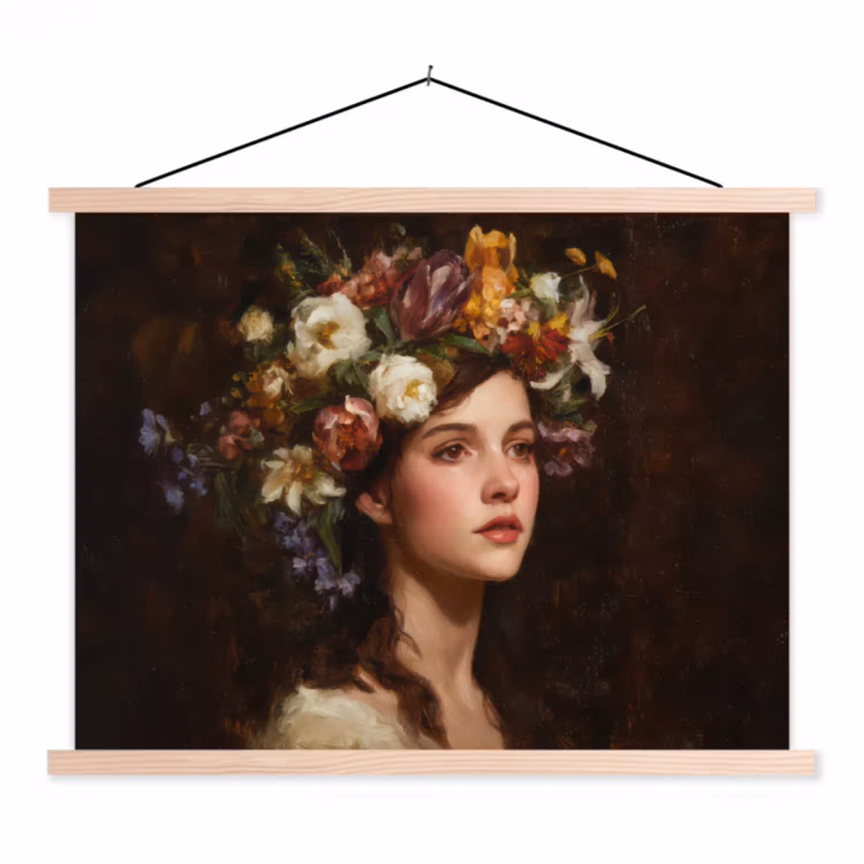 Portret - Vrouw - Bloemen textielposter latten blank klein -3d