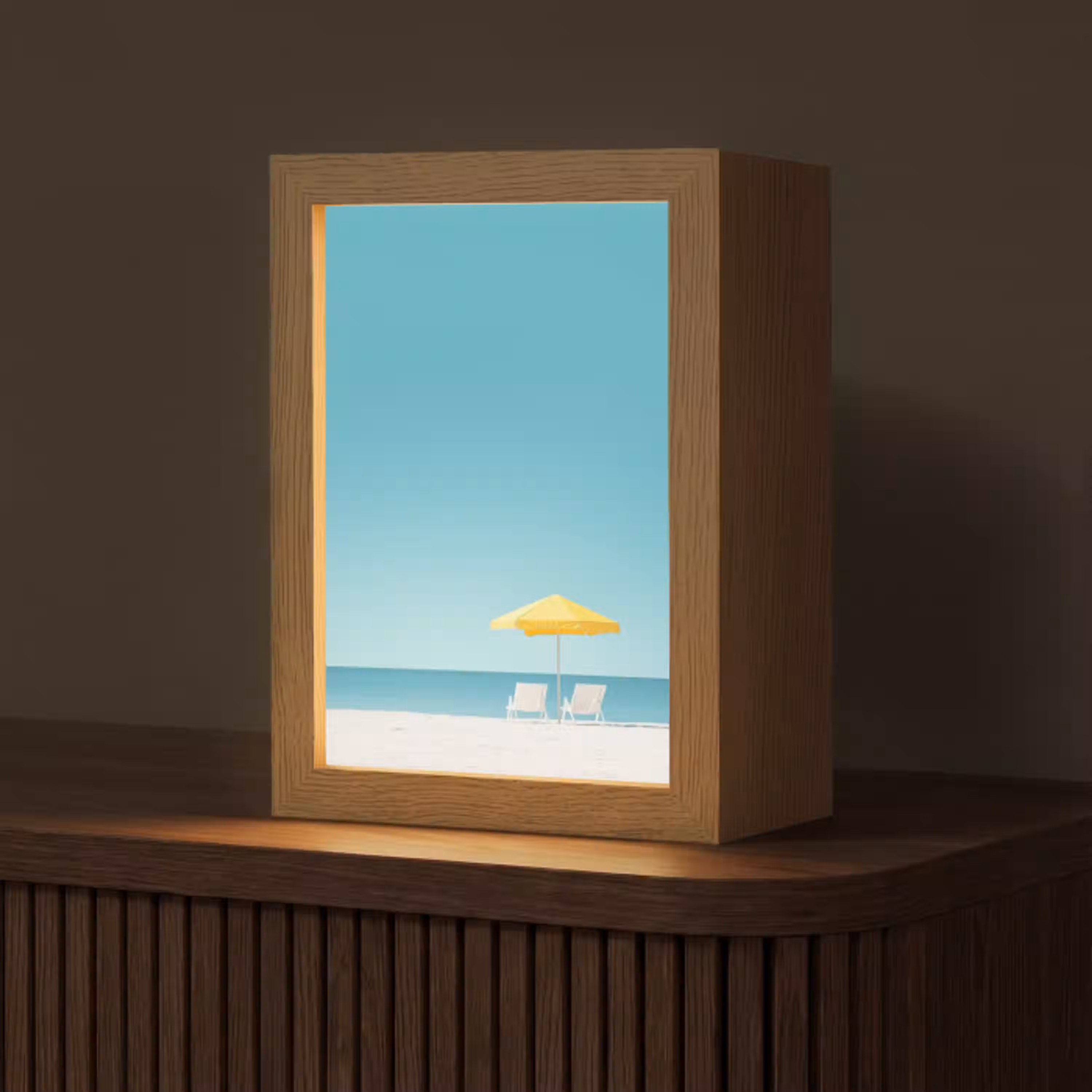 Strand - Blauwe lucht - Geel - Parasol Light Box met kabel (Tafellamp) klein -z3d_website