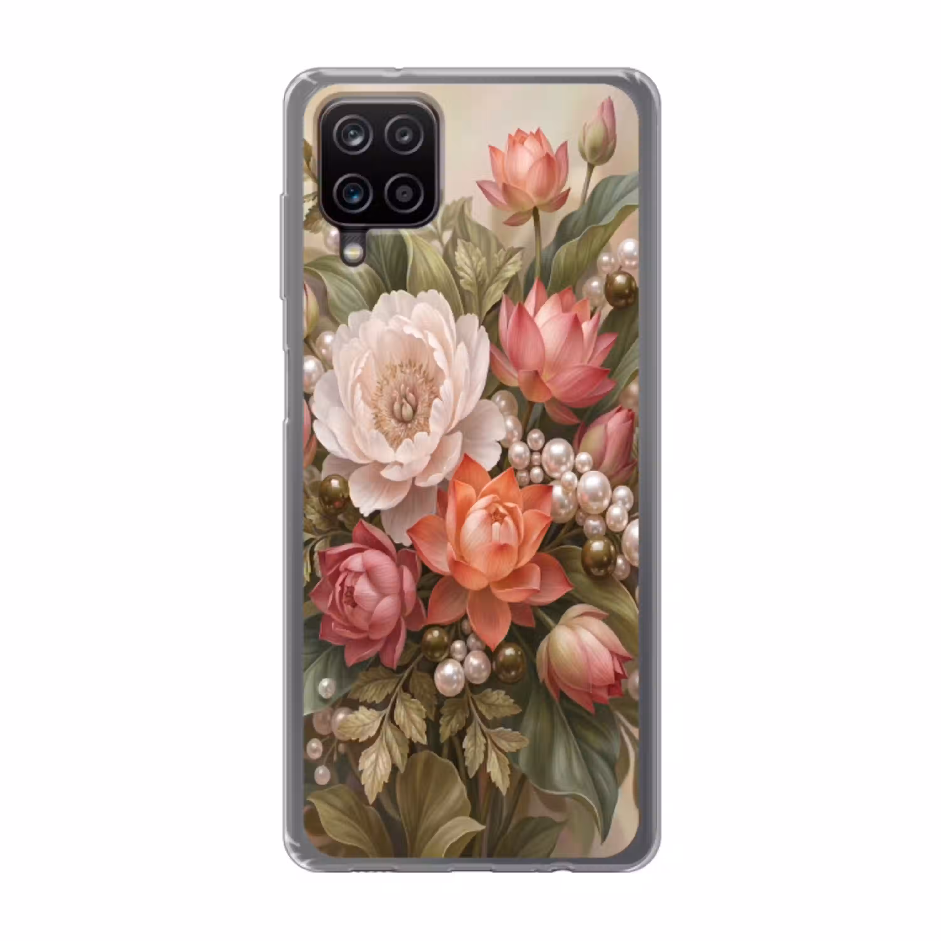 Bloemen - Parels - Elegant - Roze - Wit Telefoonhoesje Samsung Galaxy A12 klein -3d