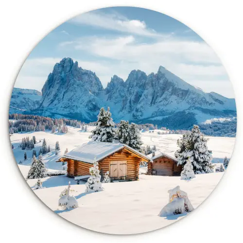 Winter - Huisje - Bergen - Uitzicht - Sneeuw Wandcirkel kunststof plaat 5mm dik klein -3d