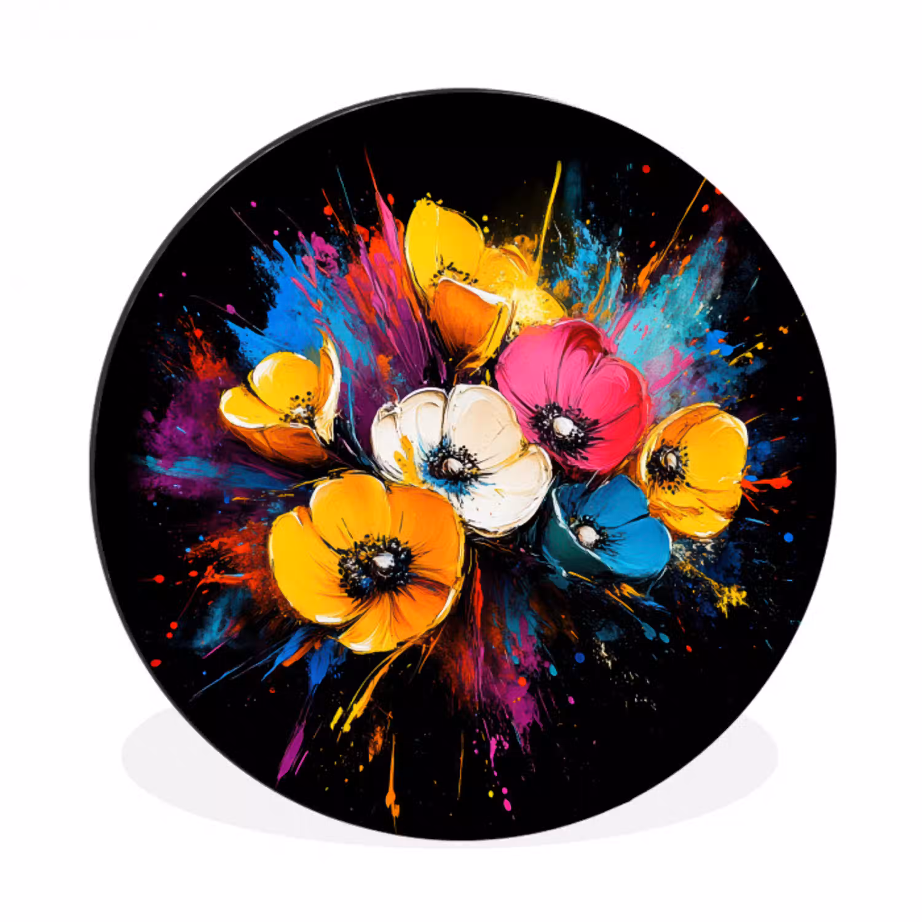 Bloemen - Kleurrijk - Graffiti - Modern - Boeket Wandcirkel aluminium klein -3d