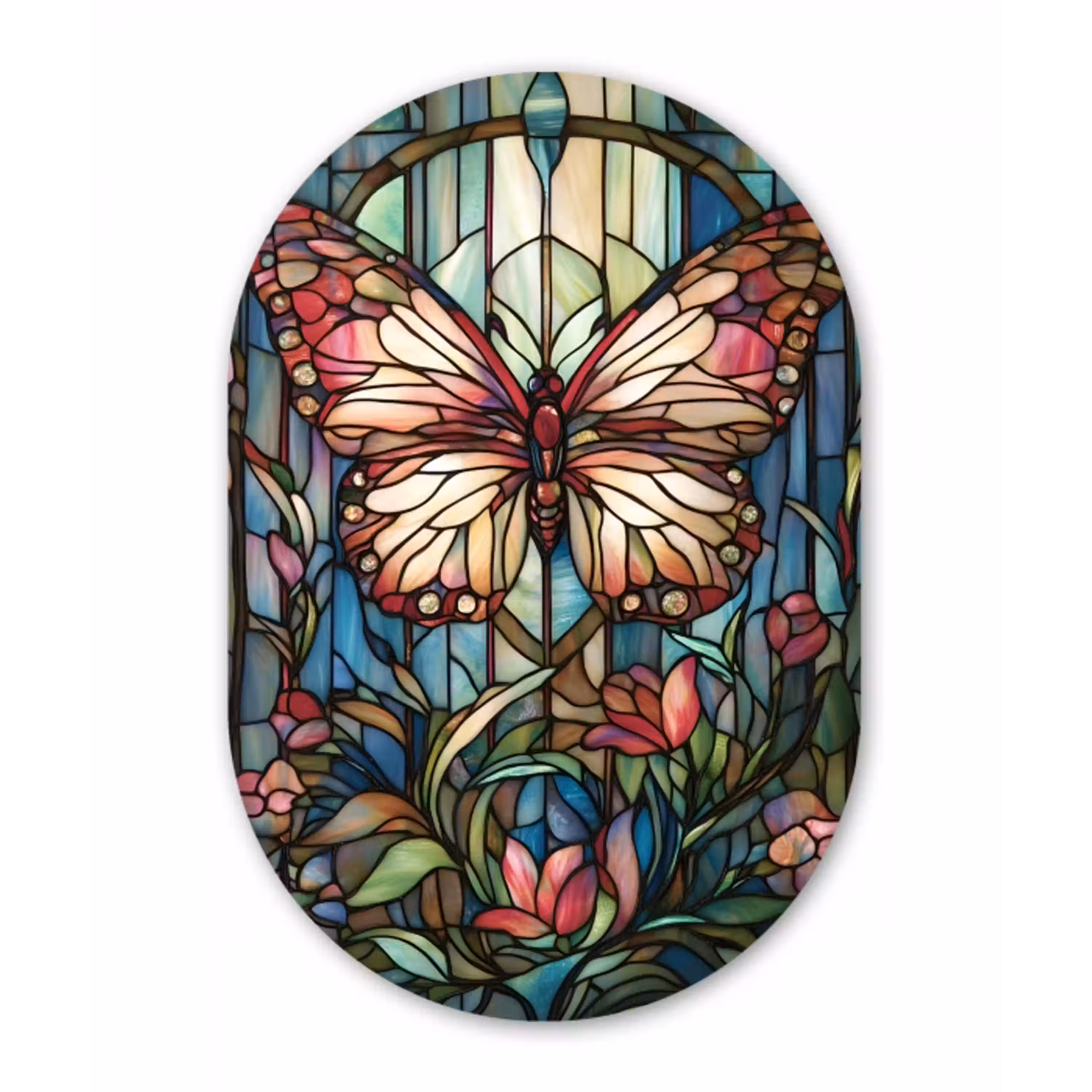 Vlinder - Roze - Bloemen - Bladeren Wandcirkel Ovaal Glas middel -3d
