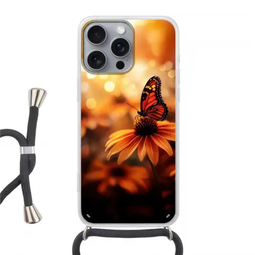 Vlinder - Bloemen - Oranje Hoesje iPhone 16 Pro Max met koord klein -3d