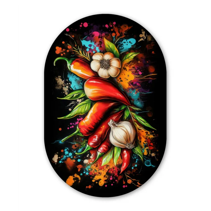 Groente - Peper - Knoflook - Graffiti - Verf - Kleurrijk Wandcirkel Ovaal Glas middel -3d
