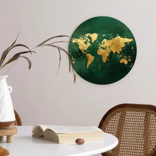 Wereldkaart - Groen - Goud Wandcirkel plexiglas klein -sfeer4
