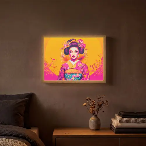 Bloemen - Vrouw - Kimono - Roze Light Box met batterij (Wandlamp) middel -sfeer4