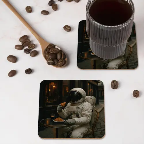 Café - Croissant - Koffie - Astronaut onderzetter kurk middel -sfeer2
