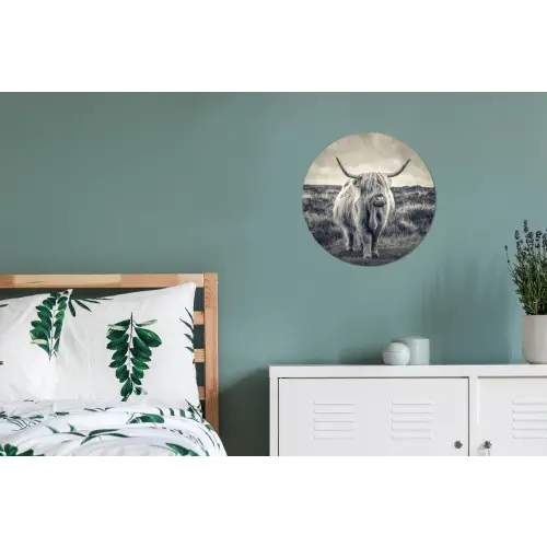 Schotse hooglander - Dieren - Wolken - Koe - Natuur Wandcirkel aluminium klein -slaapkamer