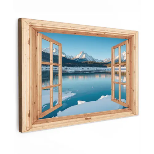 Doorkijk - Landschap - Winter - Meer - Bergen - Uitzicht Tuinposter op houten frame 2 cm dik klein -3d