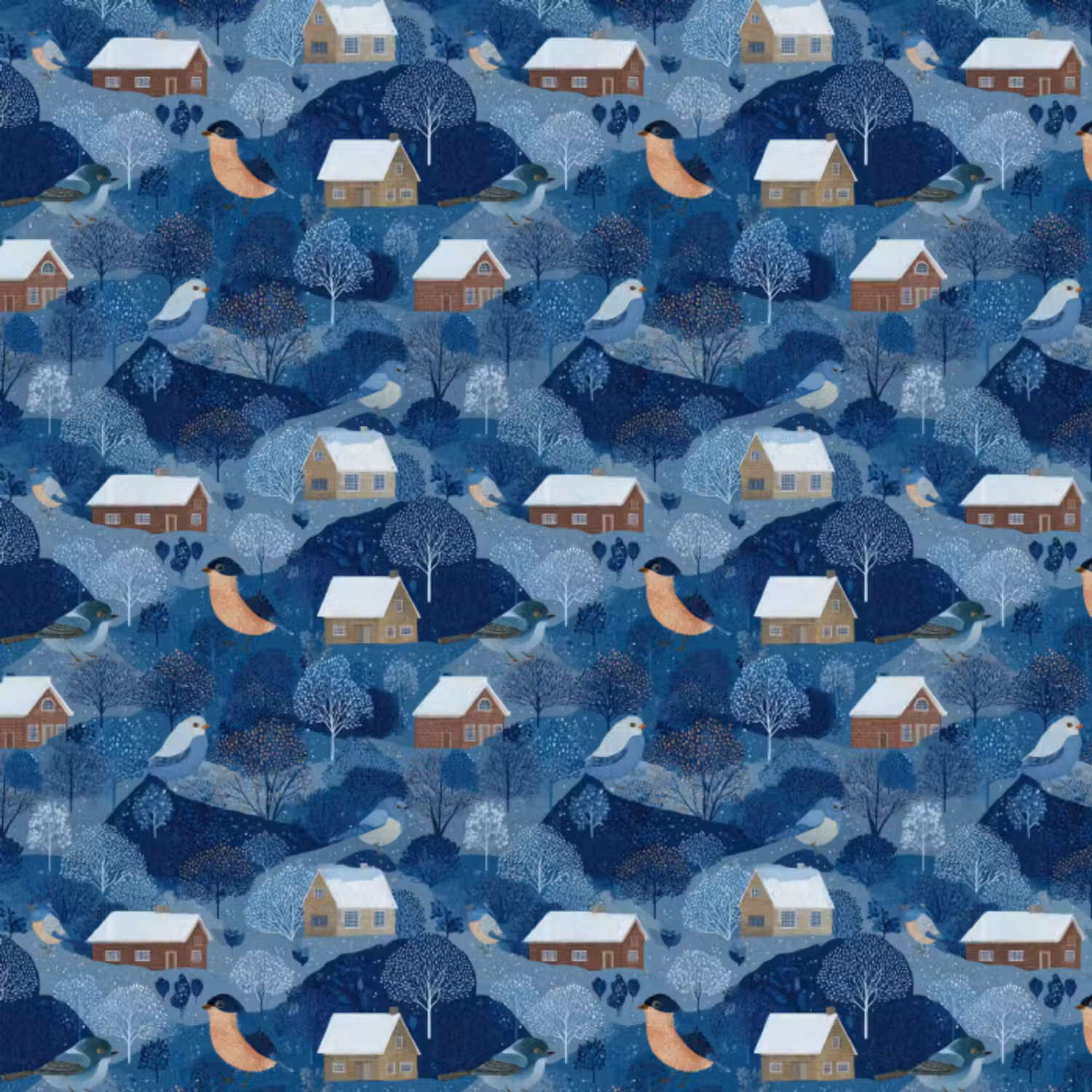 Behang - Huisjes - Vogels - Sneeuw - Winter - Blauw