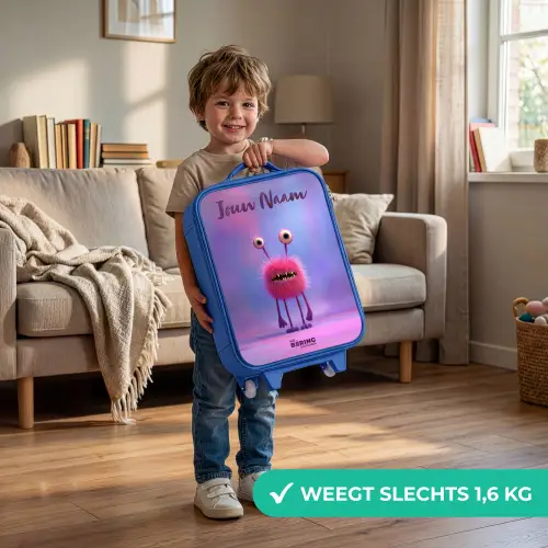 Roze harig monster met grote ogen Kinderkoffer - Blauw klein -sfeer2_NL