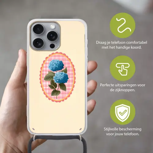 Bloemen - Blauw - Lijst - Bladeren Hoesje iPhone 16 Pro Max met koord klein -sfeer2_NL