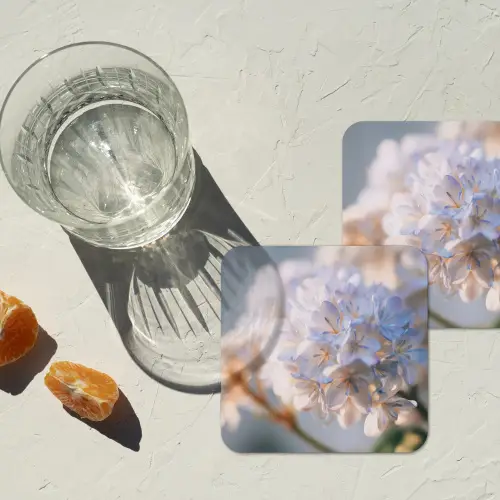 Bloemen - Lichtblauw - Wazig - Trosje onderzetter kurk middel -sfeer4