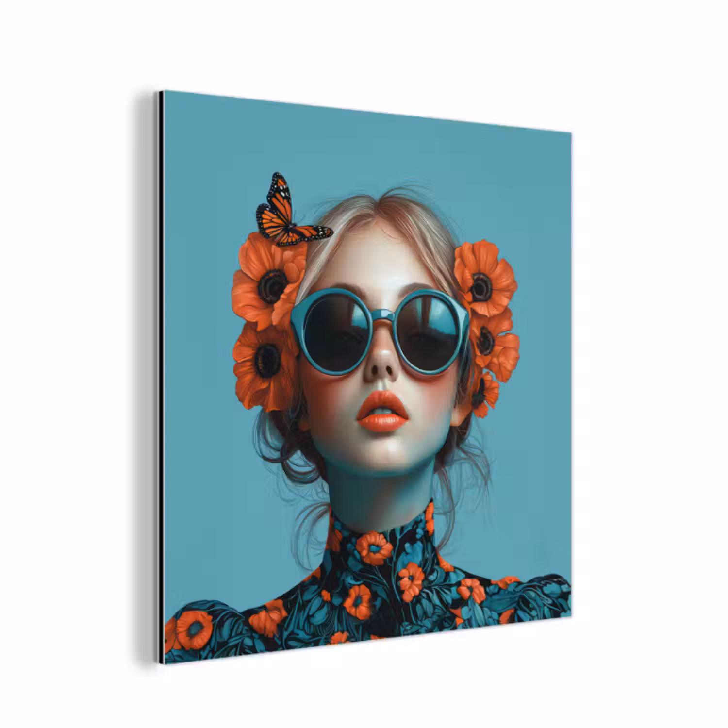 Aluminium schilderij - Vrouw - Blauw - Vlinder - Bloemen - Aesthetic