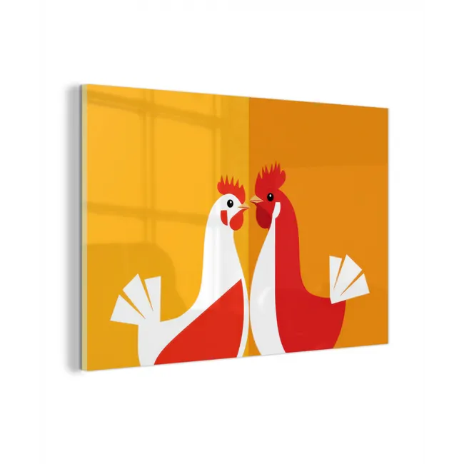 Glas schilderij - Kippen - Oranje - Vlakken