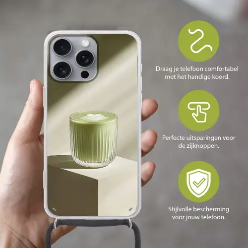 Matcha - Glas - Groen - Minimalistisch Hoesje iPhone 16 Pro Max met koord klein -sfeer2_NL