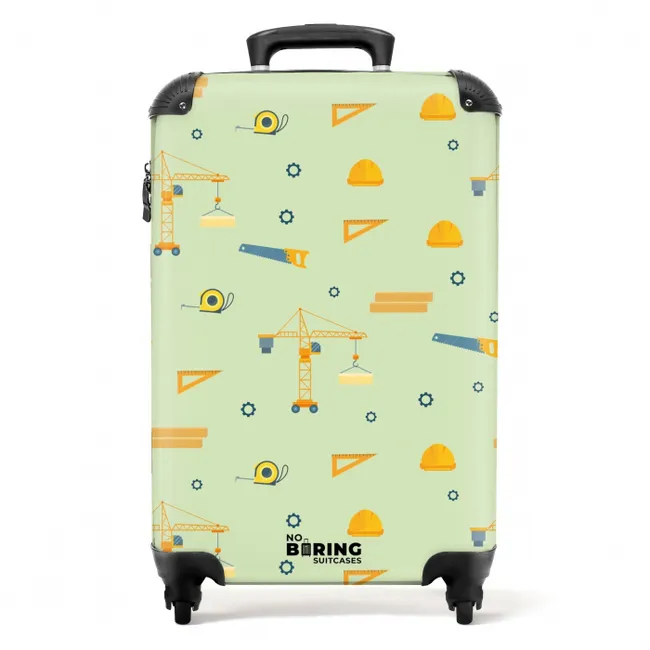 Bouwkranen en timmergereedschap op mintgroene achtergrond NBS - Handbagage koffer - Kinderen Unisex middel -productfoto_recht
