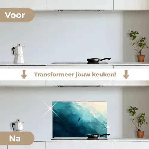 Zee - Silhouet - Abstract - Blauw keuken achterwand spatscherm klein -voor_na_NL