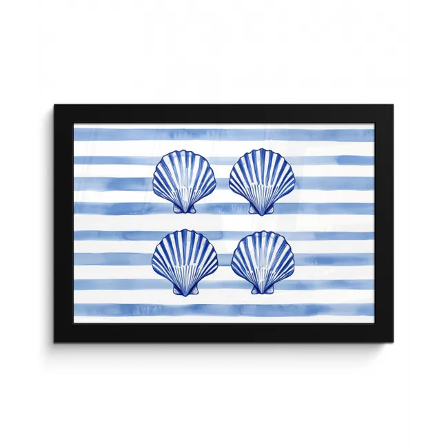 Vier schelpen - Blauw - Wit - Strepen fotolijst zwart zonder passe partout klein -3d