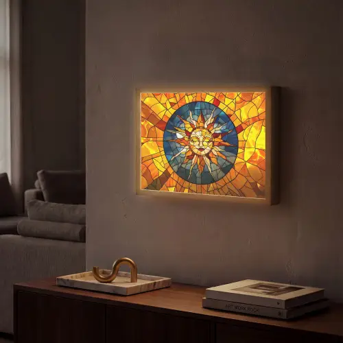 Mozaïek - Zon - Geel - Cirkel Light Box met batterij (Wandlamp) middel -sfeer1