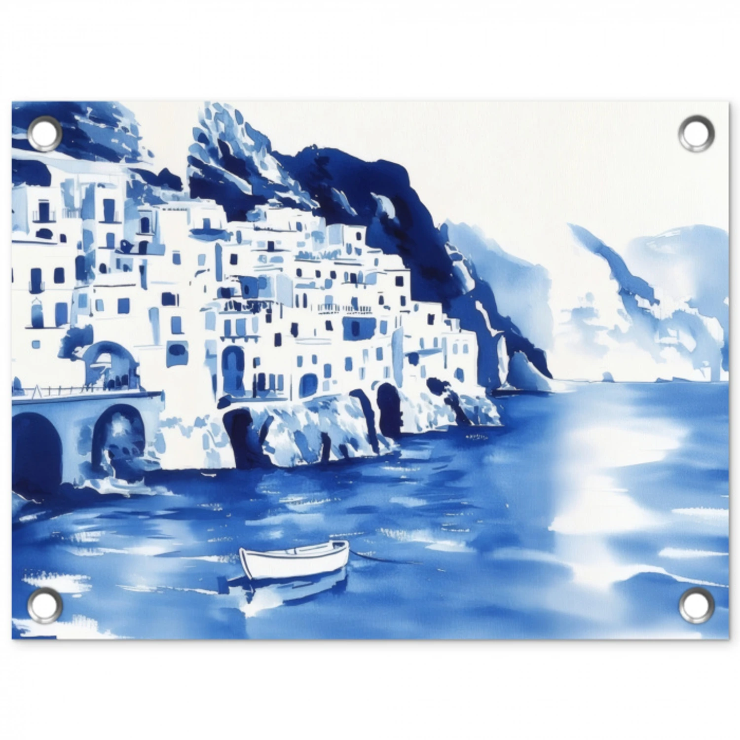 Dorp - Rotswand - Roeiboot - Water tuinposter los doek klein -3d