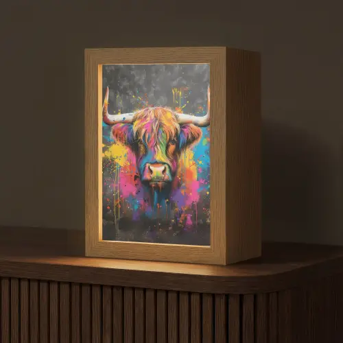 Graffiti - Schotse hooglander - Koe - Kleurrijk Light Box met kabel (Tafellamp) klein -z3d_website
