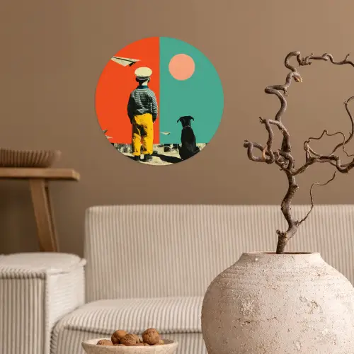 Retro - Jongen - Hond - Rood - Groen Wandcirkel behangsticker klein -sfeer1