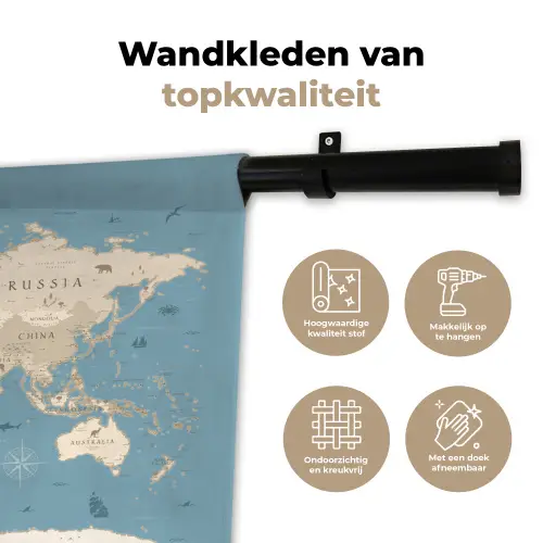 Wereldkaart - Oceaan - Realistisch - Blauw Wandkleed katoen klein -sfeer2