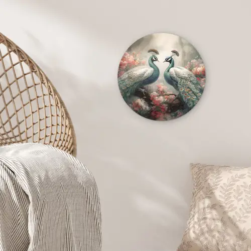 Pauwen - Pauwenveren - Vogels - Bloemen - Natuur Wandcirkel kunststof plaat 5mm dik klein -sfeer5