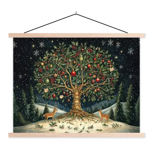 Feestboom - Winterhemel - Kleurrijk textielposter latten blank klein -3d