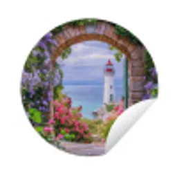 Doorkijk - Vuurtoren - Bloemen - Uitzicht Wandcirkel tuinposter met ringen klein -3d
