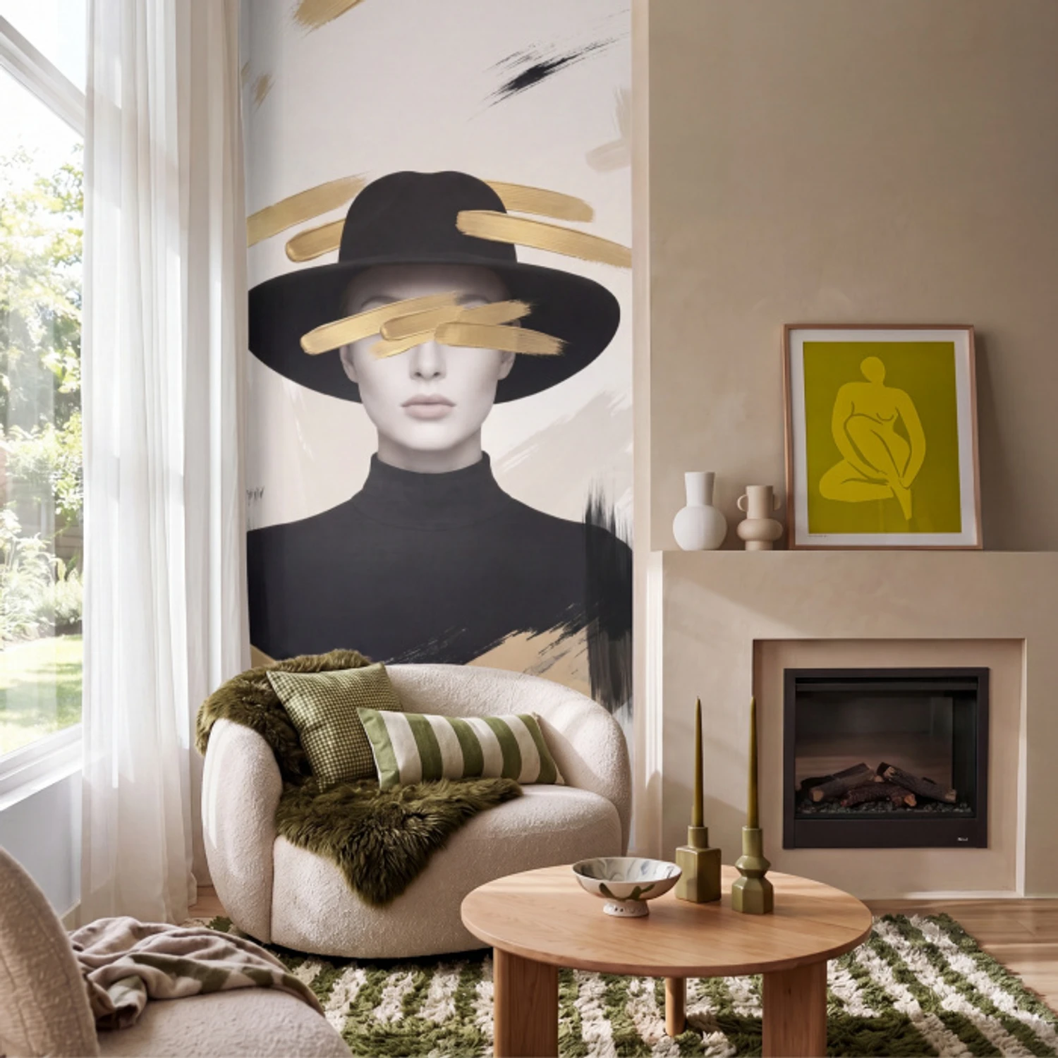 Vrouw - Portret - Modern - Goud - Kunst Behang Vlies klein -sfeer2