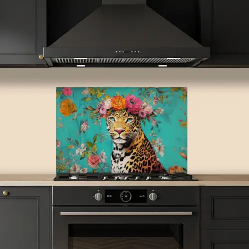 Luipaard - Bloemen - Kroon keuken achterwand spatscherm klein -sfeer1