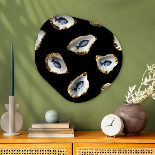 Oesters - Vissen - Blauw - Goud Wandcirkel Organisch Aluminium middel -sfeer2
