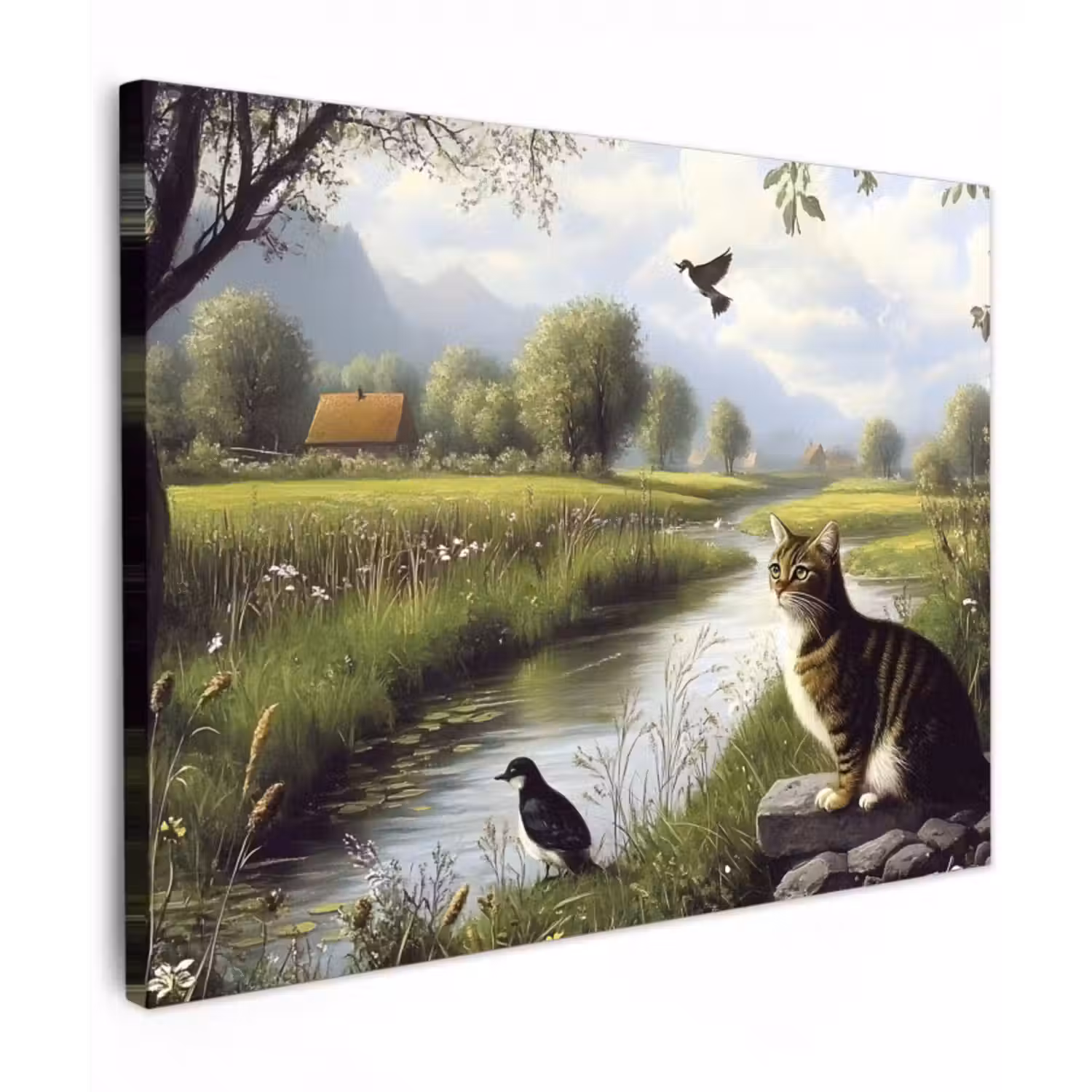 Leinwandbild - Katze - Bach - Wiese