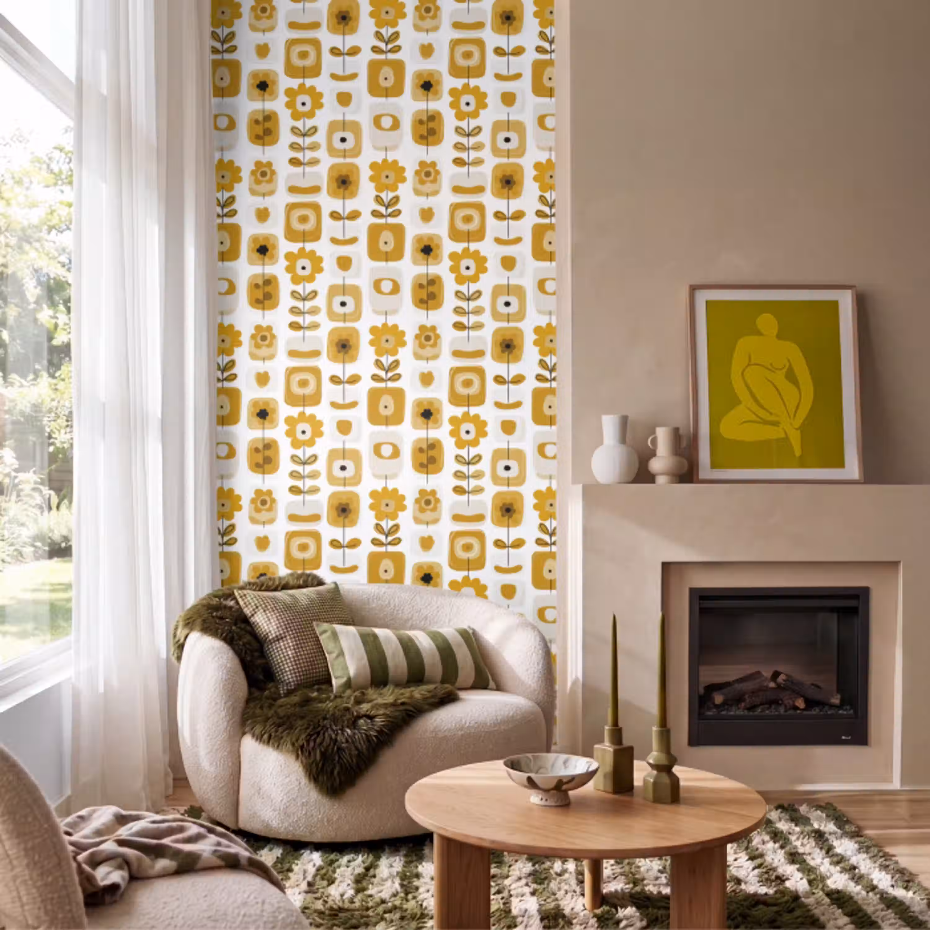 Retro - Abstract - Bloemen - Okergeel Behang Vlies klein 1076 -sfeer2