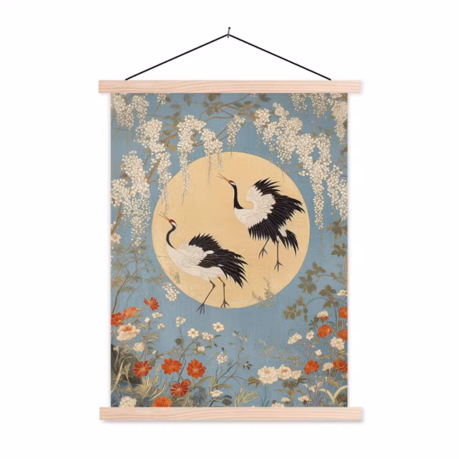 Schoolplaat -  Kraanvogels - Maan - Bloemen - Blauw