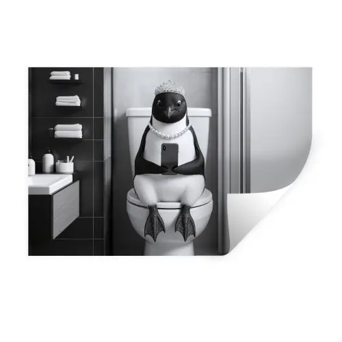 Pinguïn - Telefoon - Toilet - Zwart - Wit Muursticker klein -3d