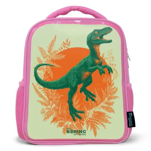 Groene dino tussen varens Kinderrugzak - Roze middel -3d