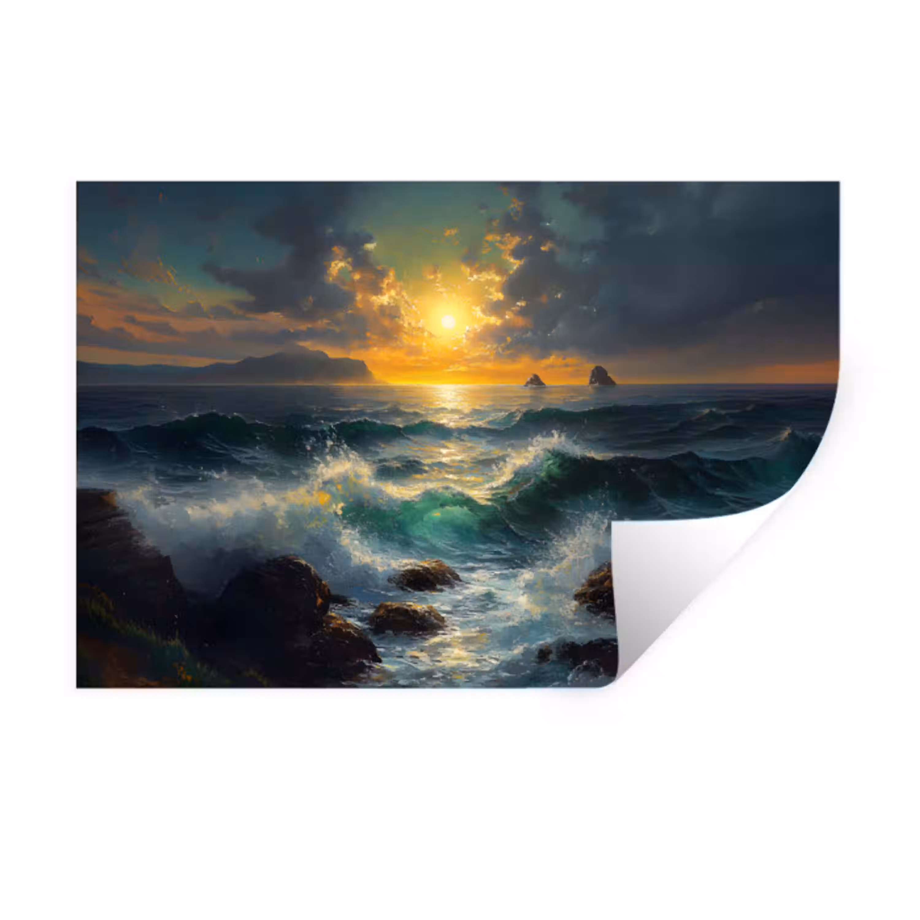 Zee - Zon - Golven - Rotsen Muursticker klein -3d