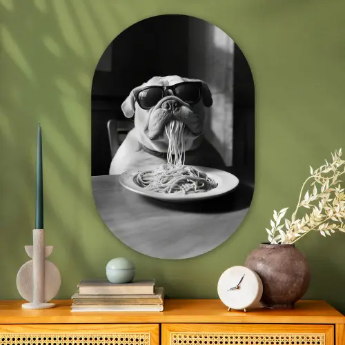 Hond - Bulldog - Pasta - Bril - Stoer - Dieren Wandcirkel Ovaal Glas middel -sfeer2
