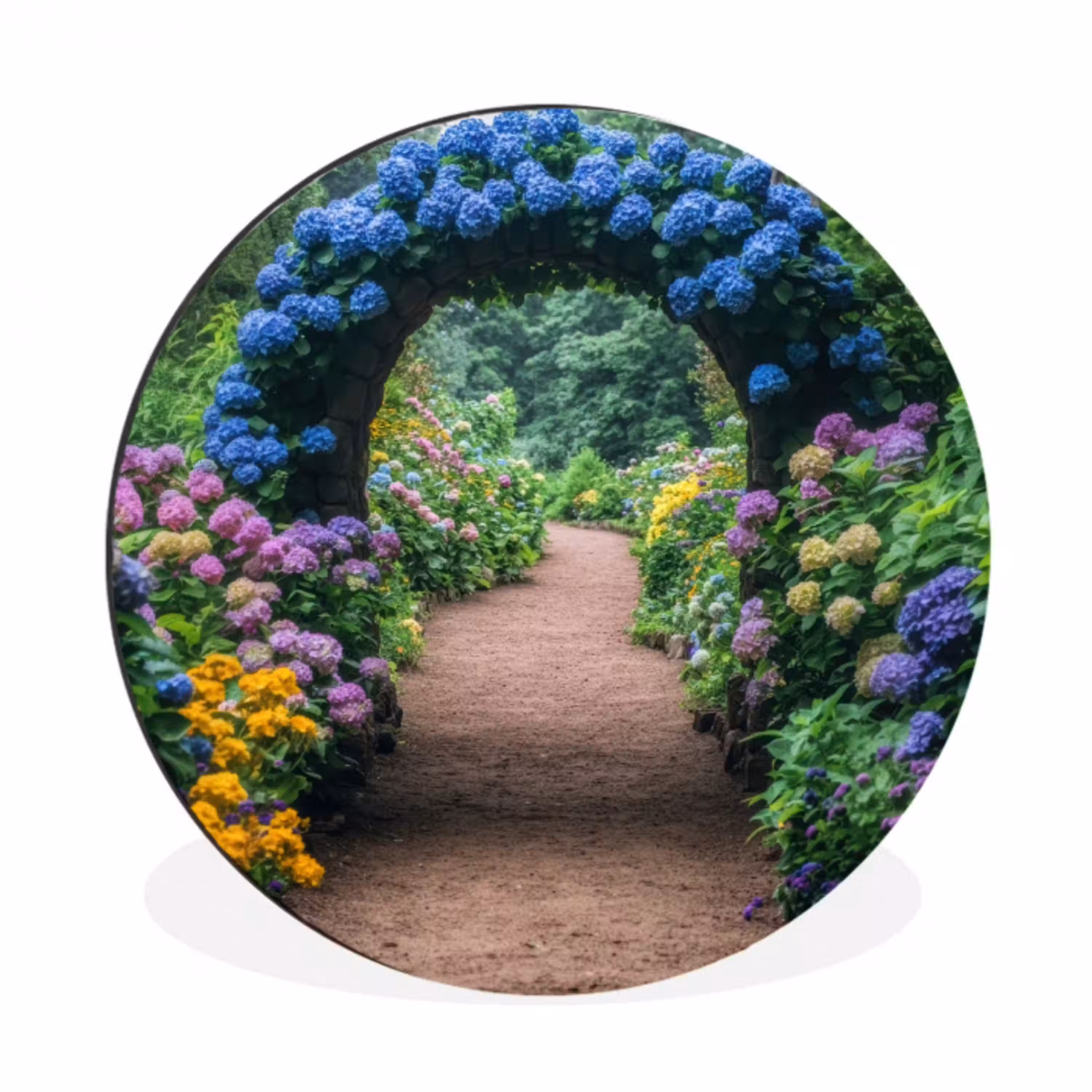 Doorkijk - Bloemen - Hortensia - Pad Wandcirkel aluminium klein -3d