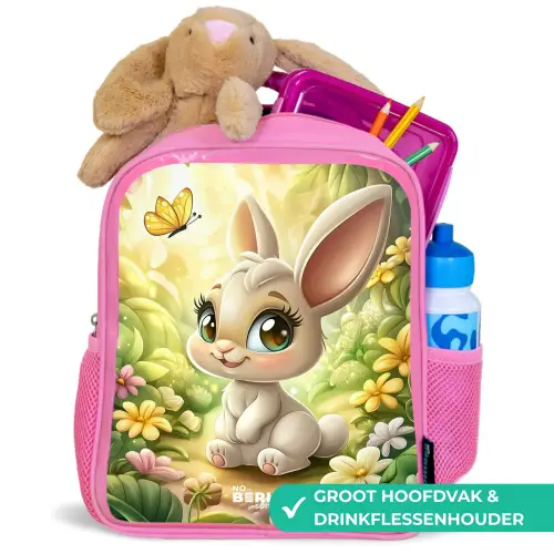 Konijn - Zonlicht - Sprookjesachtig - Vlinder Kinderrugzak - Roze middel -inhoud_NL