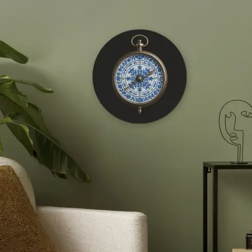 Kompas - Delfts blauw - Zwart Akoestische PET Vilt - Rond klein -sfeer2