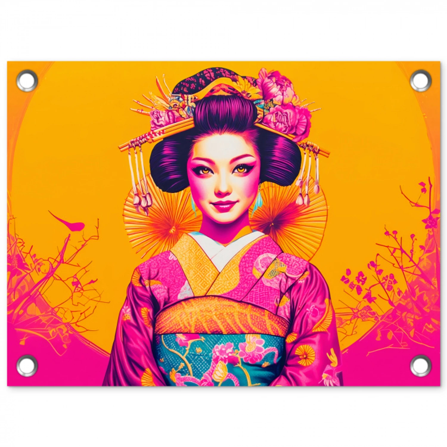 Bloemen - Vrouw - Kimono - Roze tuinposter los doek klein -3d