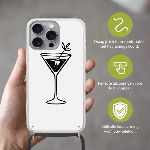 Cocktail - Glas - Olijf - Minimalistisch Hoesje iPhone 16 Pro Max met koord klein -sfeer2_NL