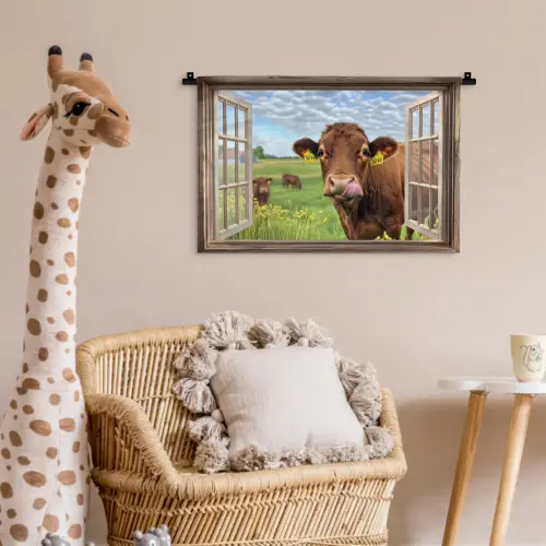 Doorkijk - Koe - Weiland - Landschap - Dieren Wandkleed katoen klein -wsfeer5_kind