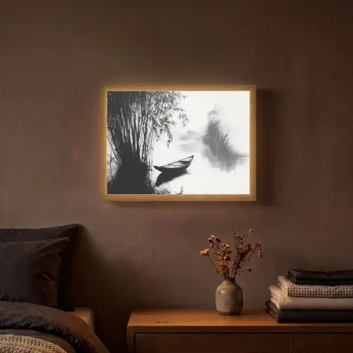 Boot - Rivier - Bamboe - Wit Light Box met batterij (Wandlamp) middel -sfeer4